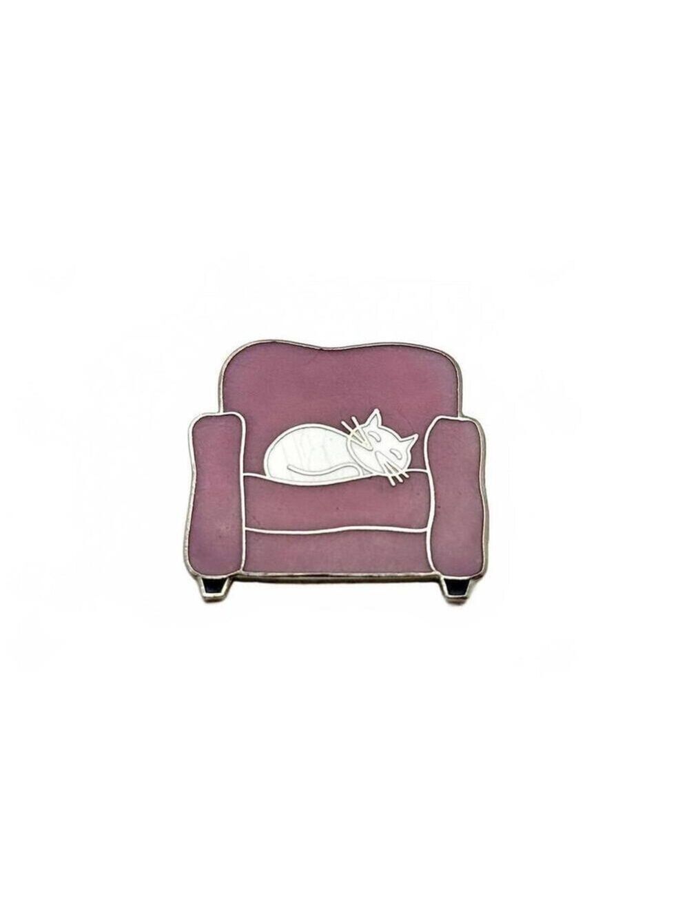 Vintage Sleeping Enamel White Cat Pink Armchair Couch Brooch Pin Cute Minimalist